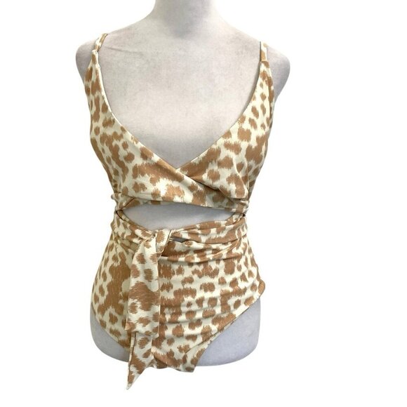 NWOT Aerie Animal Print Wrap One Piece Swimsuit Bathing Suit Tan size Medium - Picture 1 of 8